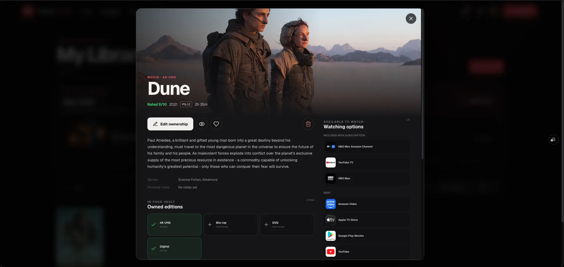 Cinema Vault Dune detail view with physical and digital editions