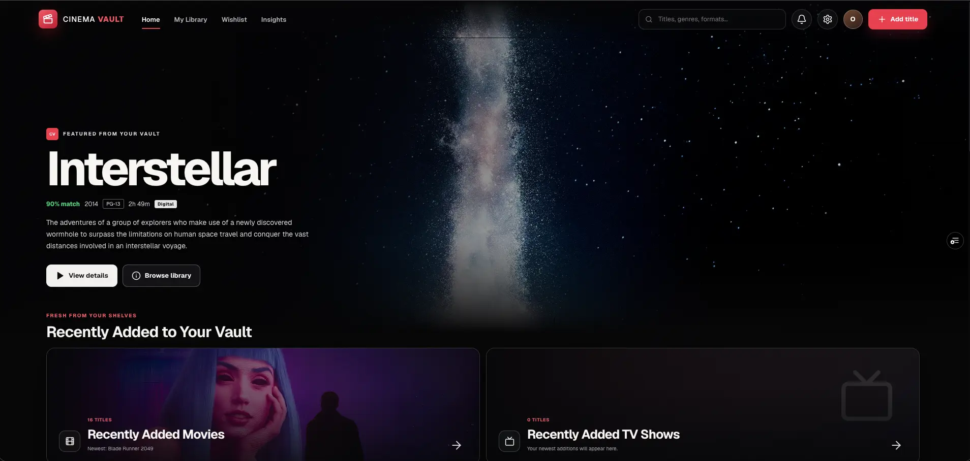 Cinema Vault desktop home screen with Interstellar featured