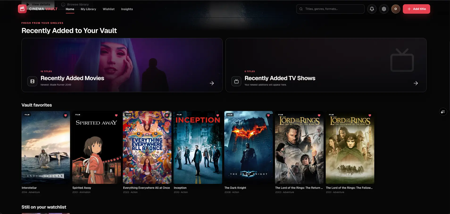 Cinema Vault Recently Added and Favorites collections