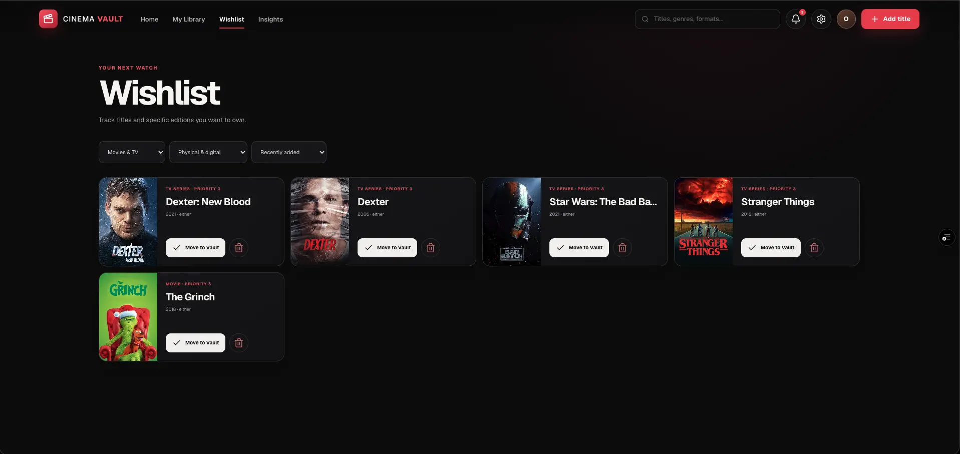Cinema Vault wishlist populated with five titles